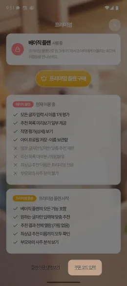 화면 하단 '쿠폰 코드 입력'을 선택하는 단계 — 플랜 화면