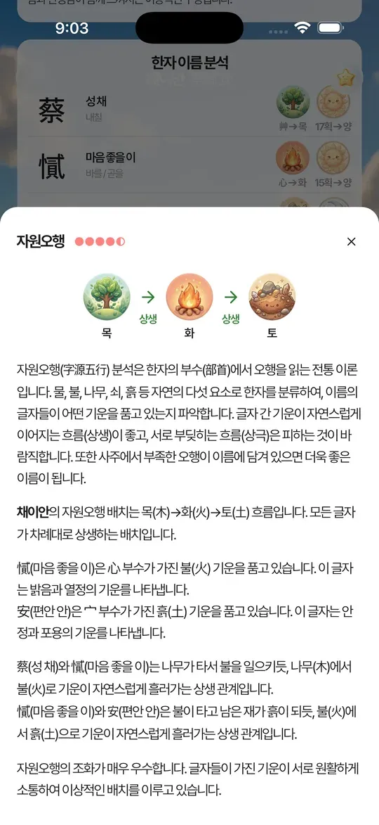 한자의 자원오행 상생 분석 화면