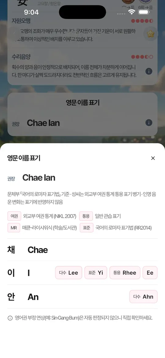 영문 이름 로마자 표기 제안 화면
